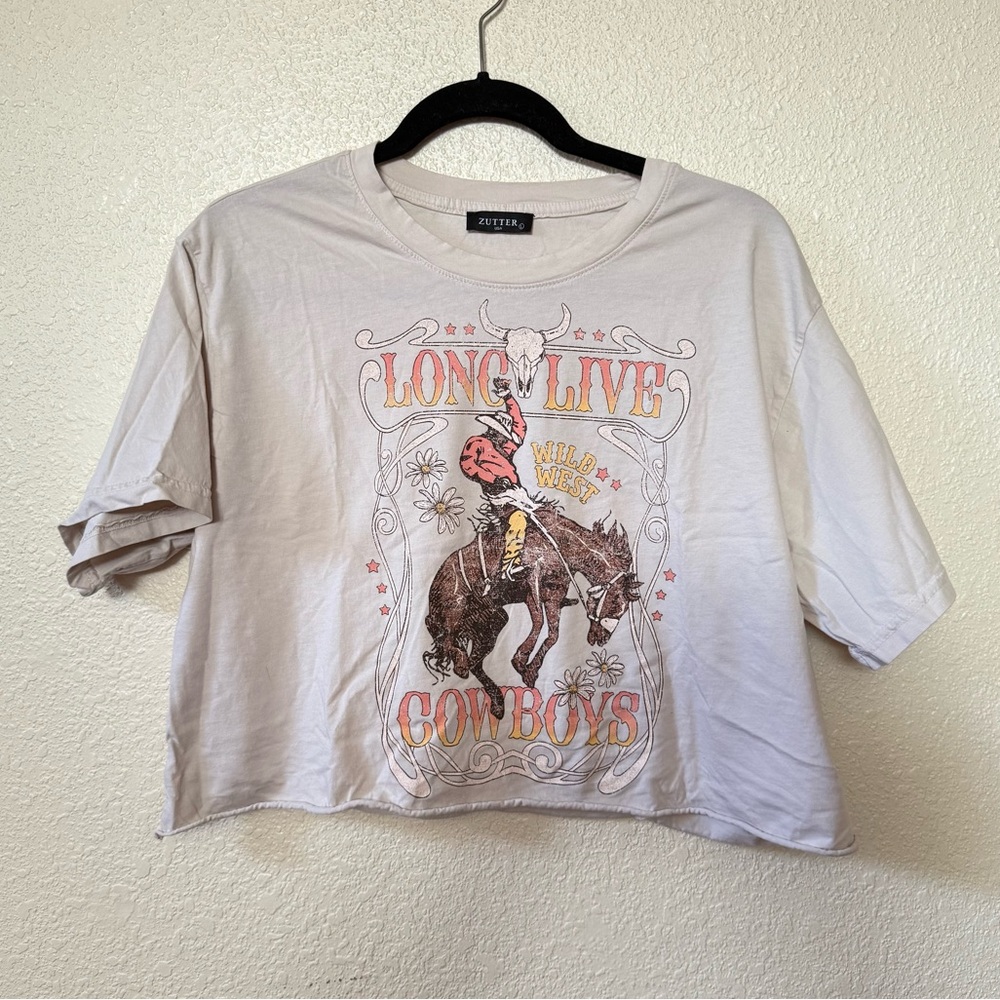 Zutter USA Cream Long Live Cowboys Cropped Graphic Tee Shirt Large